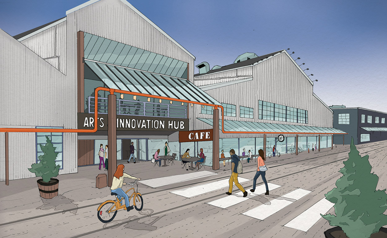 A rendering of the existing building on Granville Island as the future Arts and Innovation Hub
